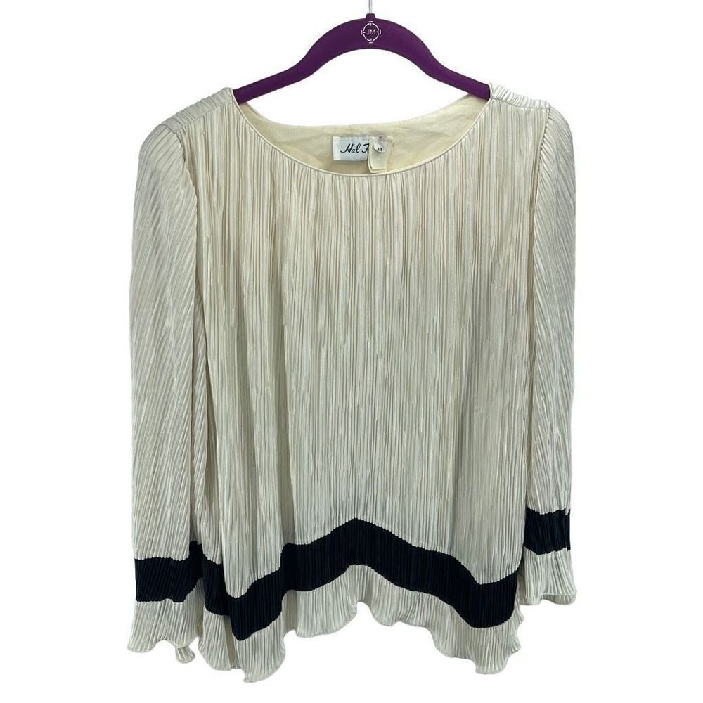 Hal Ferman Women's Vintage Accordion Blouse Top Pleated Cream Black Size 14